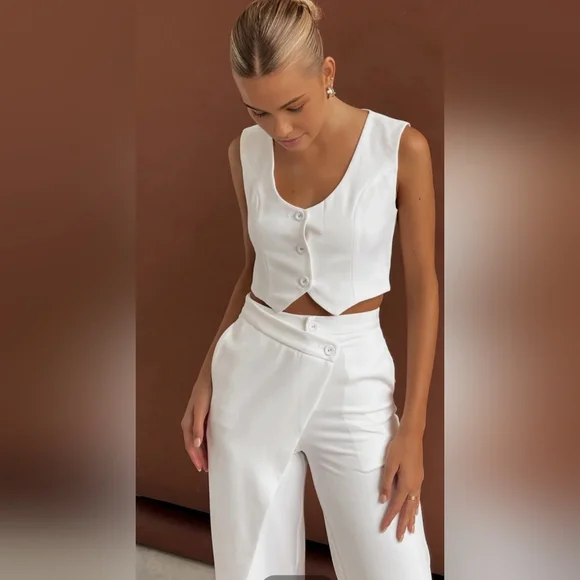 COMMENSE Solid Wet Asymetrical Straight Leg Pants Set Sz L NWT - Picture 7 of 13